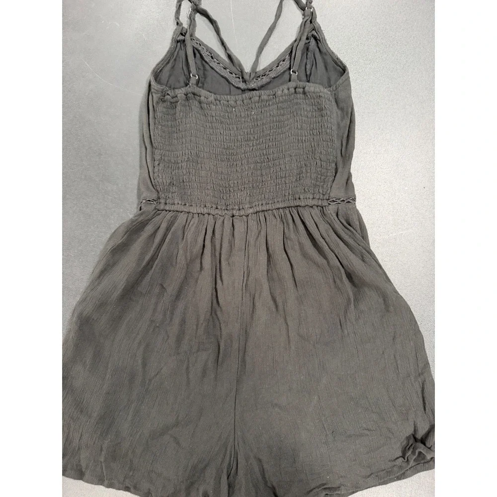 Hollister Black Crochet Lace Trim Smocked Back Romper Small Sleeveless Boho